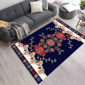 Vibrant Printed Area Rug With Ethnic Floral Design • Washable Non Slip Area Rug • Home Decor
