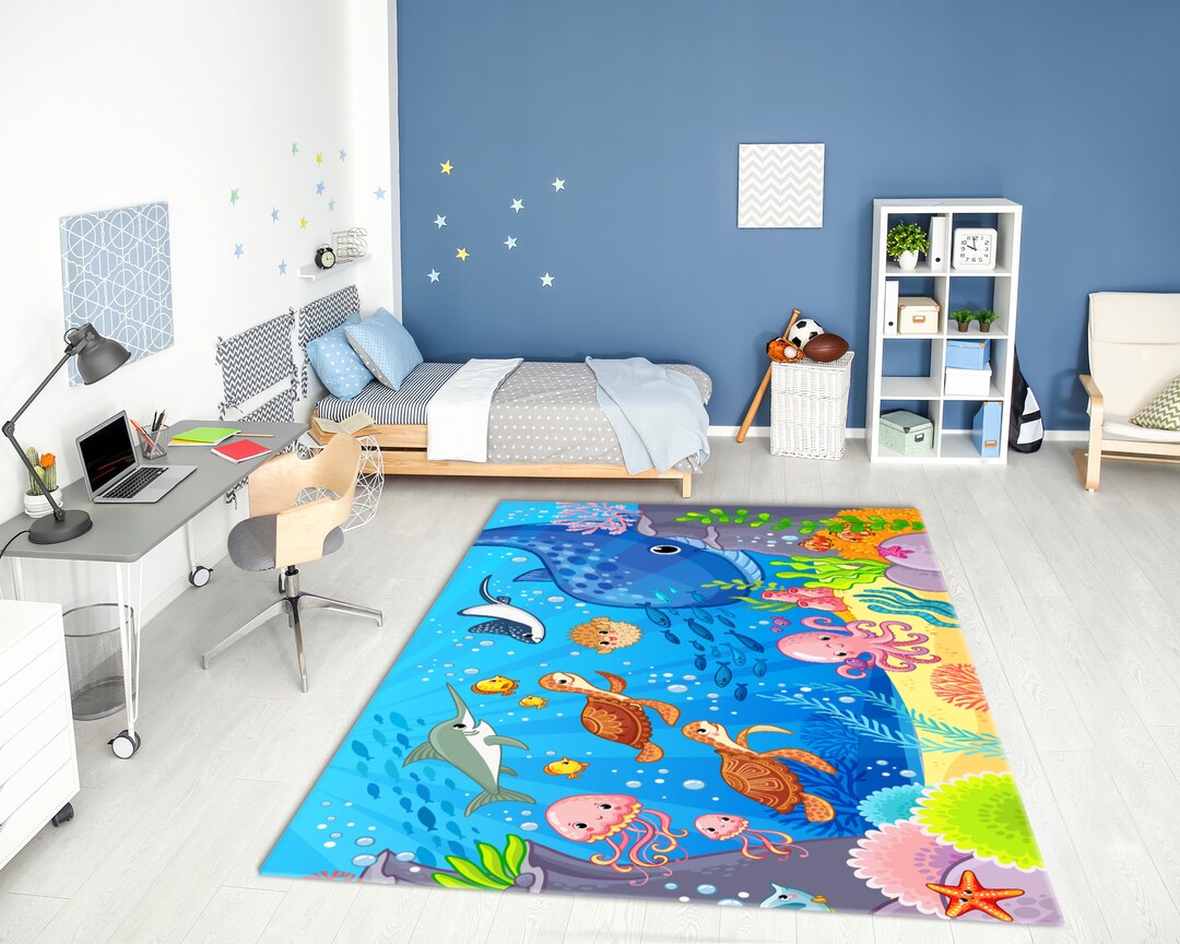 Vibrant Cartoon Animals Underwater Printed Area Rug • Machine Washable ...