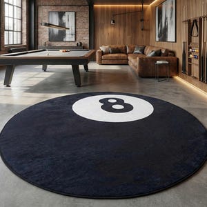 8 Ball Printed Machine Washable Round Rug • Perfect Billiard Room Decor • Gift For Billiard Lovers