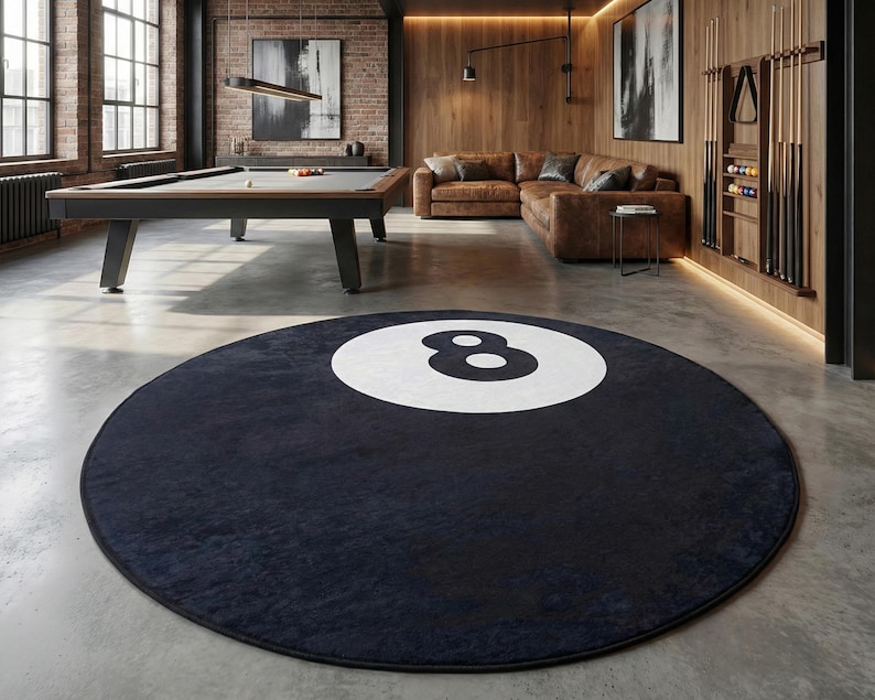 Round Rug With Pool Table 8 Ball Printed Machine Washable Round Rug • Perfect Billiard Room Decor ...