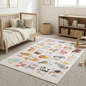 Rutschfester, maschinenwaschbarer niedlicher Tiere Alphabet Gedruckt Kinderzimmerteppich Bild 8