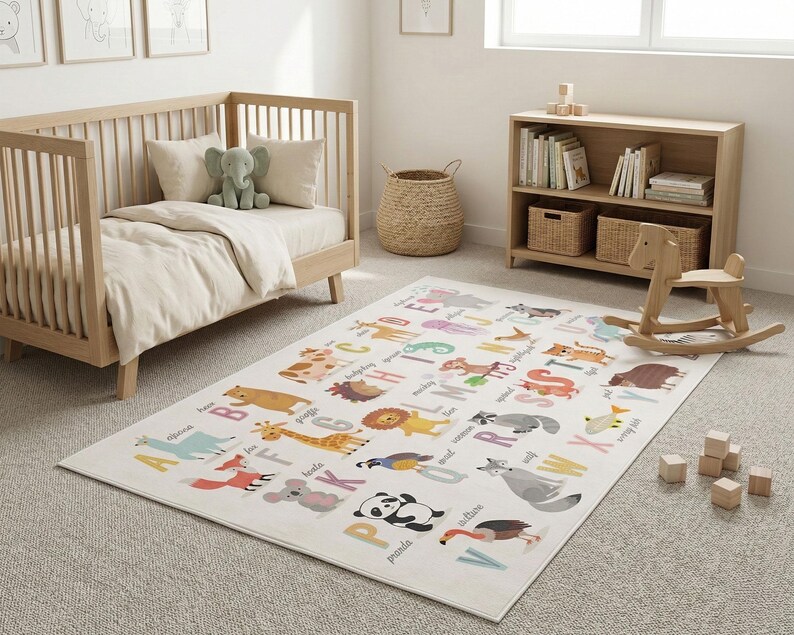 Rutschfester, maschinenwaschbarer niedlicher Tiere Alphabet Gedruckt Kinderzimmerteppich Bild 8