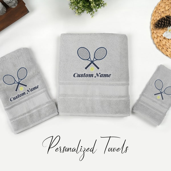 Personalized Embroidered Tennis Towels • Tennis Rackets Embroidered Wash Cloth, Hand Towel and Bath Towel • Gift for Tennis Players