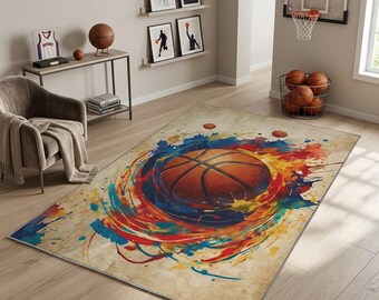 Abstract Basketball Rug, Watercolor Sports Decor for Boy's Room