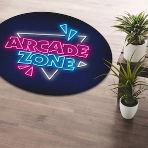 Arcade Zone Neon Signs Printed Round Rug • Vibrant Printed Washable Circle Carpet • Game Room Decor • Gift For Gamers