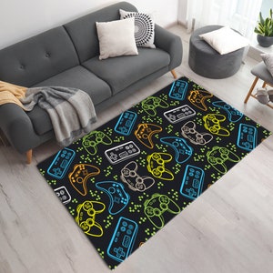 Vibrant Neon Gamepads Printed Gaming Room Area Rug • Gaming Room Decor • Mat For Video Game Lovers • Machine Washable Cool Gamer Zone Carpet