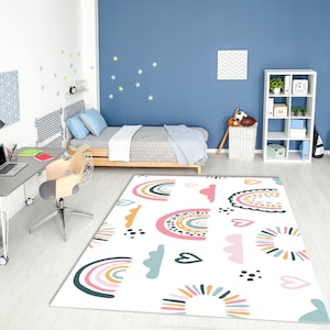 Colorful Hand Drawn Rainbows and Sun Printed Washable Nursery Rug • Vivid Color Printed Non-Slip Area Rug • Gift For Nursery Decor