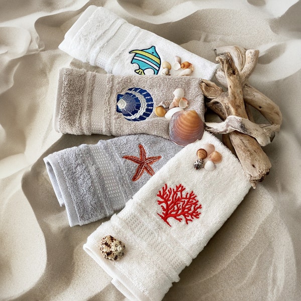 Coastal Serenity: Set of 4 Embroidered Hand Towels and Washcloths • Coral, Starfish, Sea Shell and Fish • Coastal Bathroom Decor