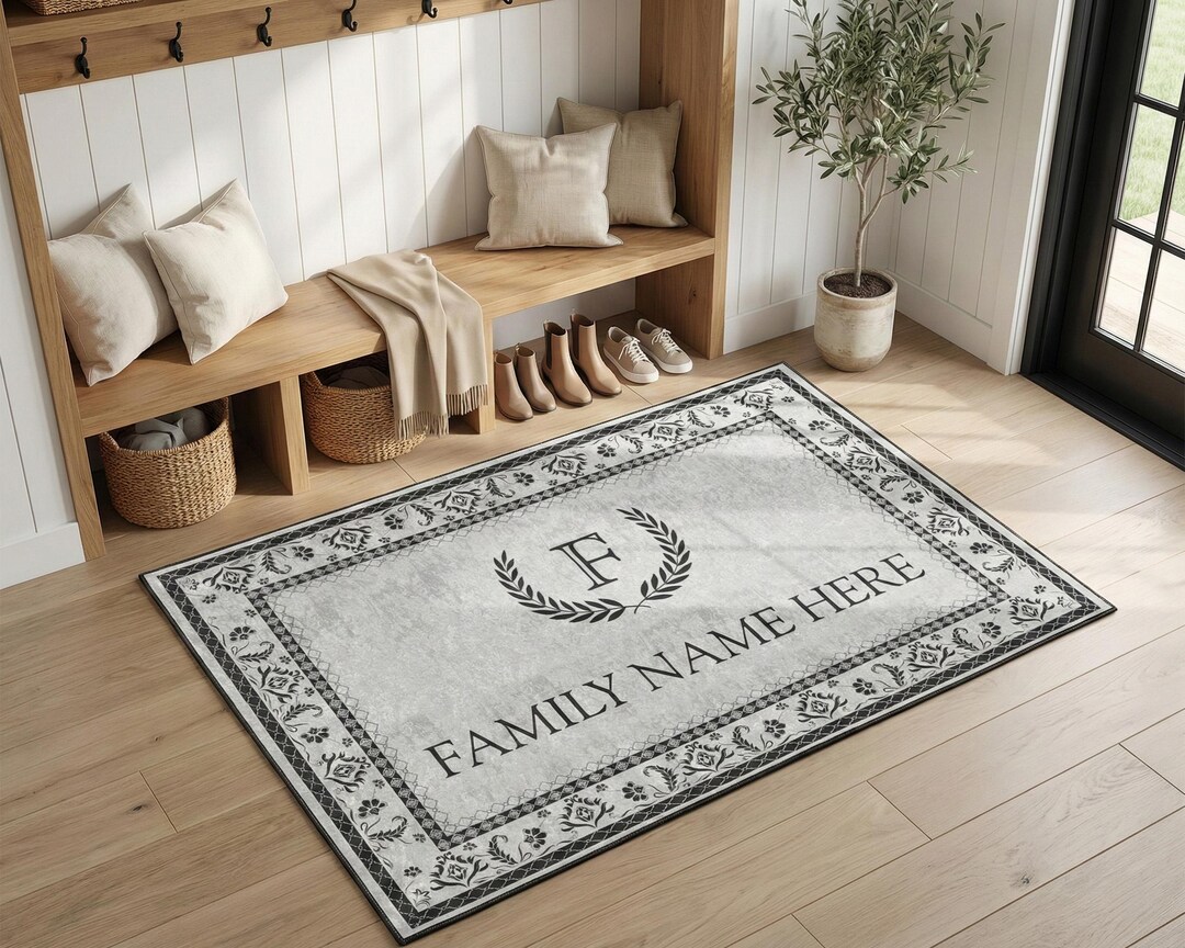 Personalized Family Name Rug With Monogram Initial Wreath and Vintage ...