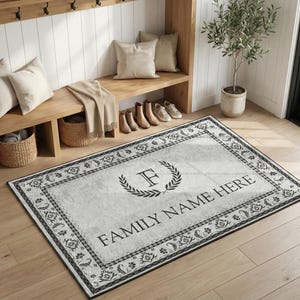 Personalized Family Name Rug With Monogram Initial Wreath and Vintage Floral Border