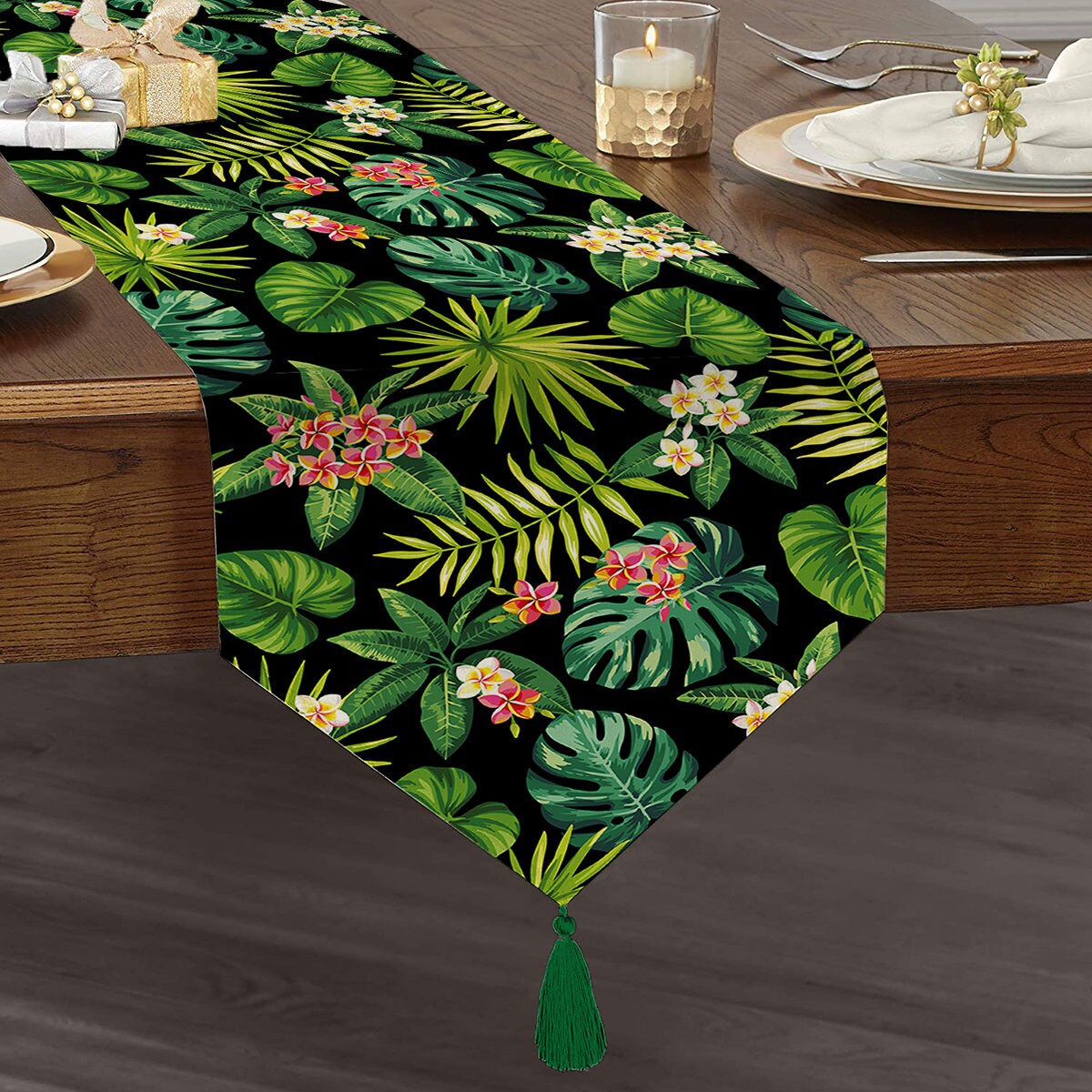 Green Leaf Printed Table RunnerChenille Table RunnerTasseled Etsy