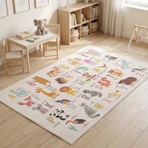 Rutschfester, maschinenwaschbarer niedlicher Tiere Alphabet Gedruckt Kinderzimmerteppich Bild 1