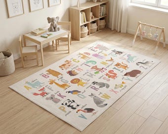 Non-Slip Machine Washable Cute Animals Alphabet Printed Kids Room Rug
