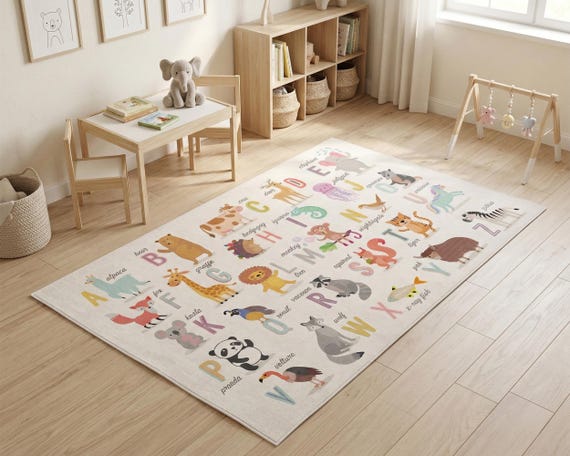 Non-Slip Machine Washable Cute Animals Alphabet Printed Kids Room Rug