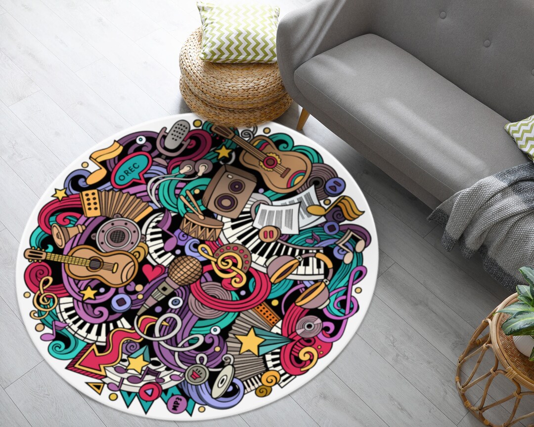 Vibrant Cartoon Hand-drawn Doodles Music Illustration Printed Round Rug ...