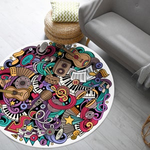 Vibrant Cartoon Hand-Drawn Doodles Music illustration Printed Round Rug • Music Themed Carpet • Machine Washable Rug • Gift For Music Lovers