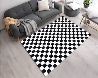 Printed Chick White & Black Checkered Area or Runner Rug • Elegant Machine Washable Checkerboard Pattern Printed Carpet • Modern Home Gift