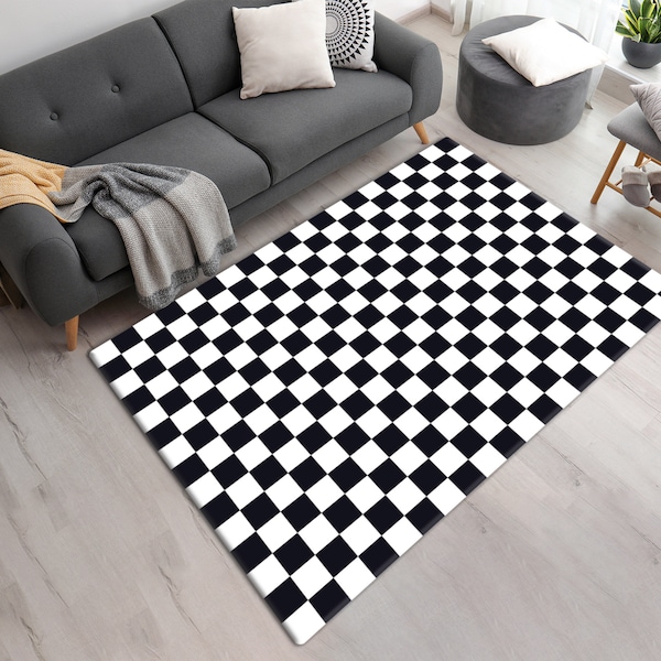 Printed Chick White & Black Checkered Area or Runner Rug • Elegant Machine Washable Checkerboard Pattern Printed Carpet • Modern Home Gift