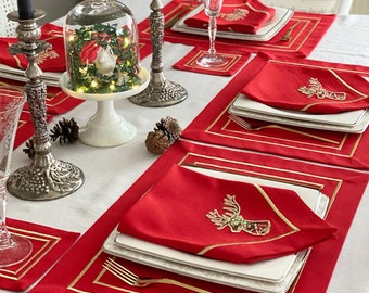 Set of Red Christmas Napkins with Deer Embroidery, Red Placemats and Runner • "Happy New Year" & Christmas Tree Embroidered Runner