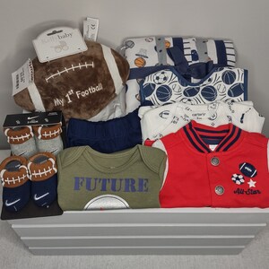 Hand Painted Sports Theme Baby Crate #9, Baby Shower Gift. Everything Inside of Crate, Included. Crate Color Can Be Customized.