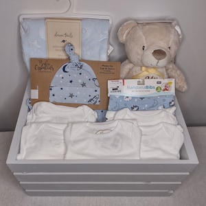 Blue Moon & Stars Baby Crate, Baby Shower Gift. Everything in Crate Included. Crate Colors are Customizeable.