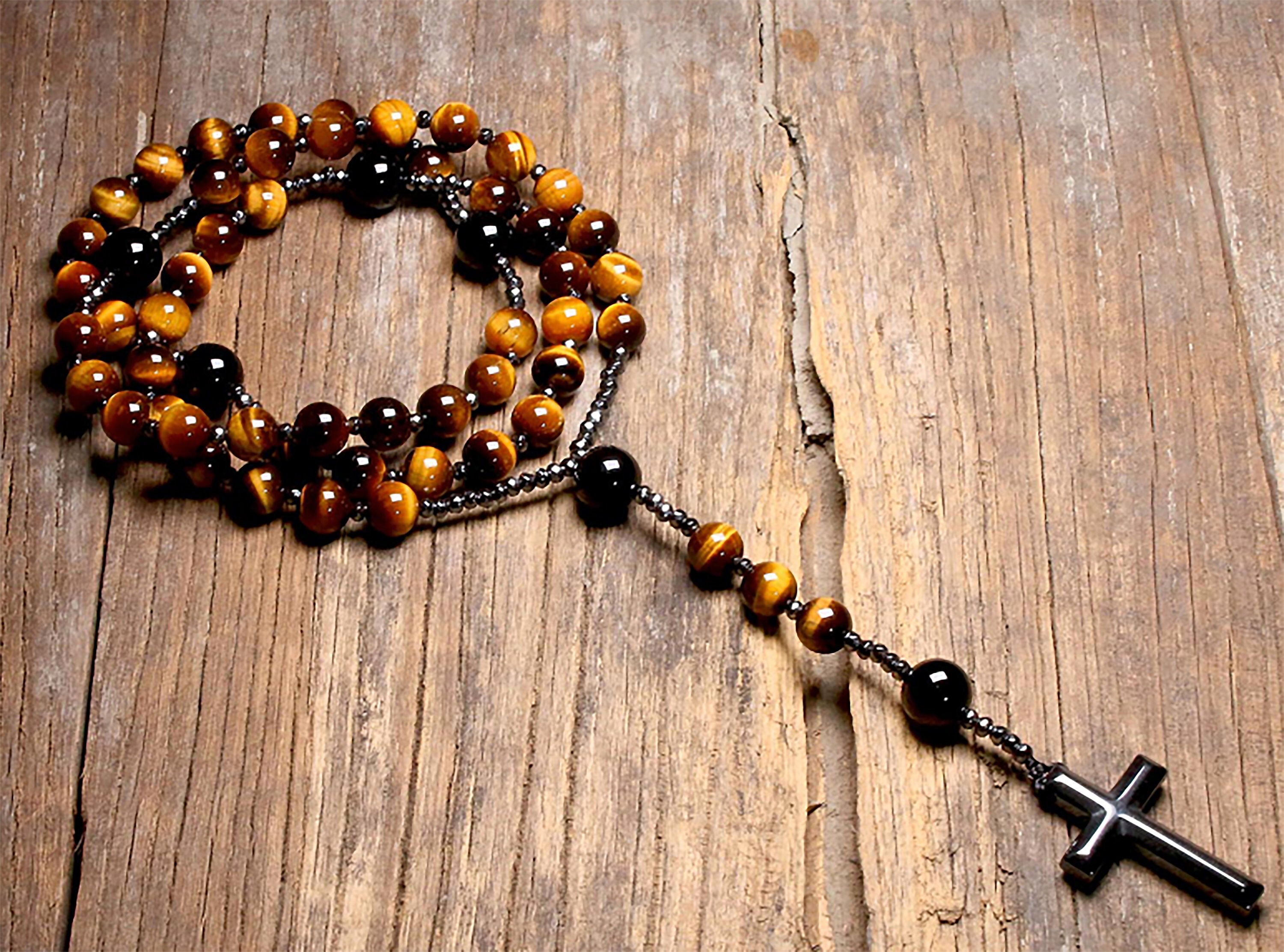 Collier Chapelet, Pierre Naturelle d'oeil de Tigre, Chapelet Catholique Pour Femmes et Hommes, Hémat
