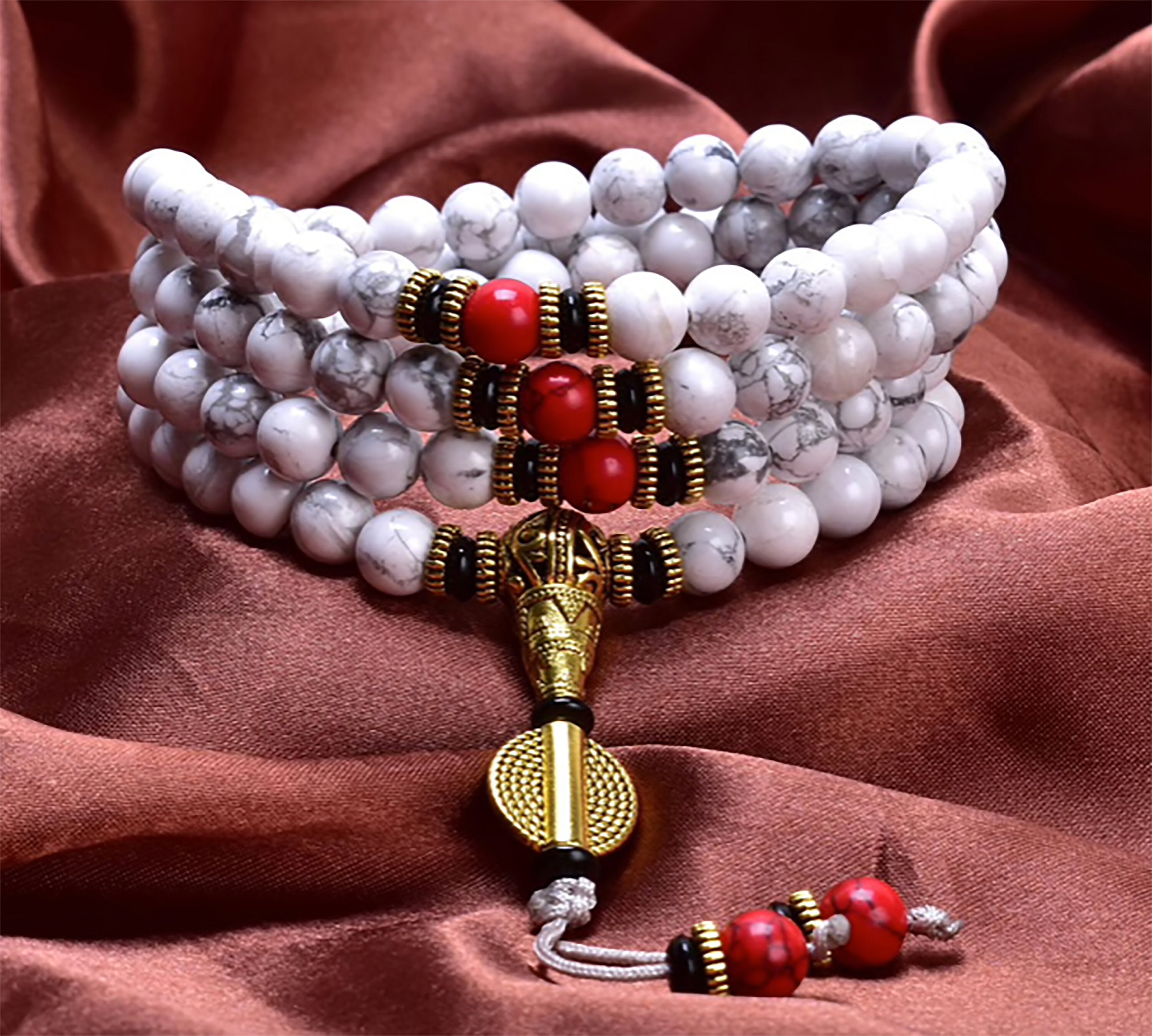 Howlite, Perles de Prière Bouddhiste 108, Bracelet Mala, Protection , Calmant, Communication Sereine