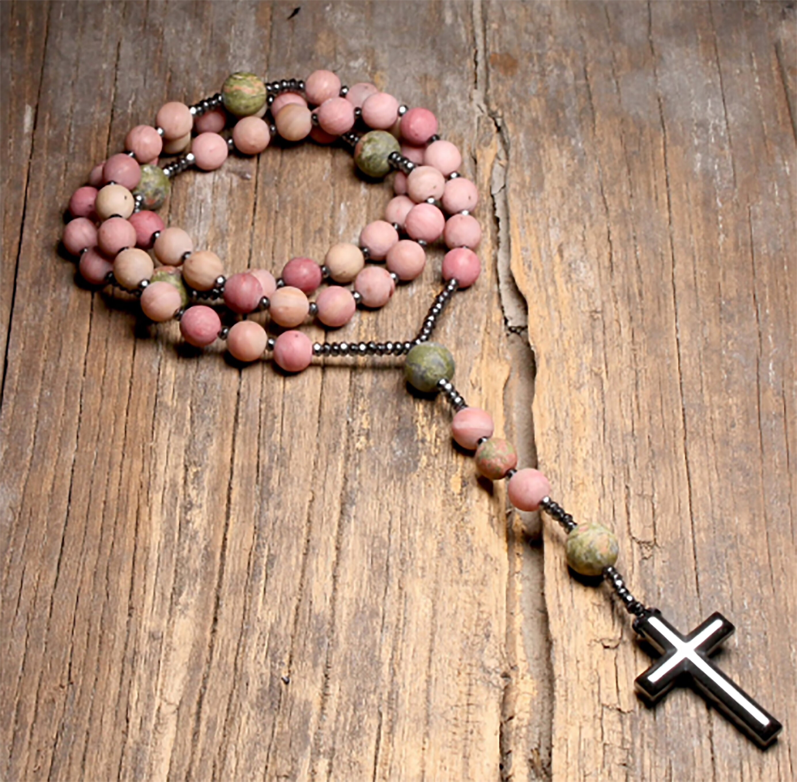 Chapelet Collier Bracelet Collier Chapelet en Perles de Rhodonite Naturelle Mate Unakite, Christ, Pe
