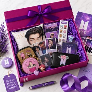 Puede incluir: Una caja de regalo magenta llena de artículos de BTS que incluye un cojín pequeño con un retrato, varias tarjetas fotográficas, una hoja de pegatinas BT21, un monedero redondo rosa, una cartera negra, un bolígrafo morado y una etiqueta.