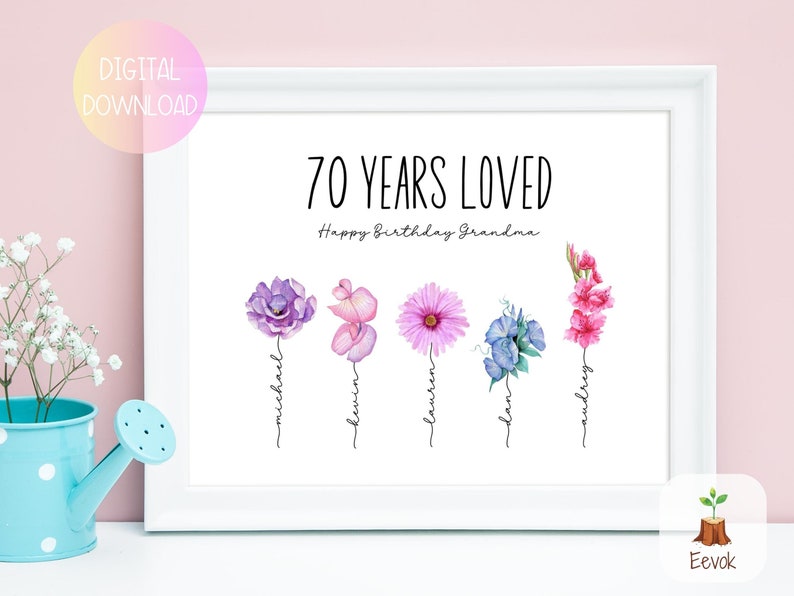 70th Birthday Gift for Grandma, Mom 70th Birthday Present Idea, 70 Year old Birthday Gift, 70 Birthday Gift, Gifts for Grandma, Birth Flower image 1