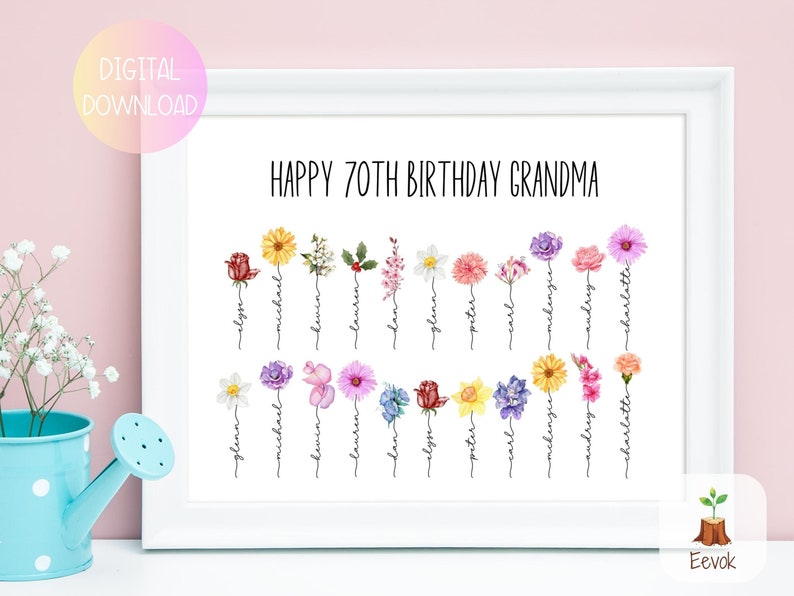 70th Birthday Gift for Grandma, Mom 70th Birthday Present Idea, 70 Year old Birthday Gift, 70 Birthday Gift, Gifts for Grandma, Birth Flower image 2