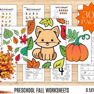 May include: A collection of preschool fall worksheets with a fox illustration, a pumpkin, and colorful leaves. The worksheets include counting, matching, and sequencing activities. The image also includes the text "300 PAGES" and "8.5x11 INCHES".