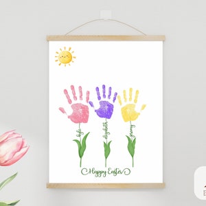 Arte personalizada de impressão de mão de Páscoa, pôster de impressão de mão personalizado, artesanato de impressão de mão de tulipa, atividade infantil mãe impressão de mão para impressão DIY artesanato de Páscoa