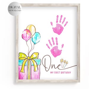Druckbares Baby 1.Geburtstag Meilenstein, Babys erstes Jahr, Handabdruck Andenken, Fußabdruck Kunst, Fußabdruck Handwerk, Mädchen Geburtstag, Turning One