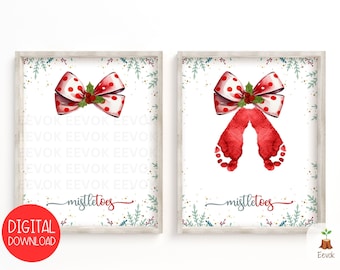 Printable Mistletoes Footprint Art, Foot Print Craft, Baby First Christmas Keepsake, My First Christmas, Baby Footprint Craft, Baby Feet Art