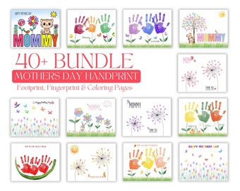 May include: A set of 40+ printable Mother's Day handprint, footprint, and fingerprint coloring pages. The pages feature various designs, including flowers, butterflies, and the word "Mommy".