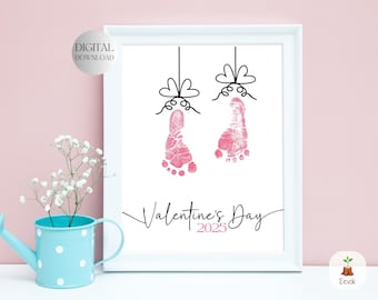 Printable Valentine Handprint Art, DIY Footprint Craft, Grandma Handprint, Valentine's Day Gift Keepsake DIY New Born Foot Print Valentines
