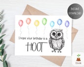 Printable Happy Birthday Card, Last Minute Card, Simple Birthday Card, Printable Cute Birthday Card, Animal Birthday Card, Owl Birthday Card