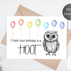 Carte imprimable de joyeux anniversaire, carte de dernière minute, carte d'anniversaire simple, carte d'anniversaire mignonne imprimable, carte d'anniversaire d'animal, carte d'anniversaire de hibou