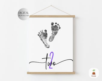 Printable Baby's 2nd Birthday Milestone, Baby Second Year, Handprint Keepsake, Footprint Art, Foot Print Craft, Girl Birthday, Turning Two