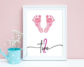 Printable Baby's 2nd Birthday Milestone, Two Years Old, Handprint Keepsake, Footprint Art, Foot Print Craft, Girl Birthday, Turning Two