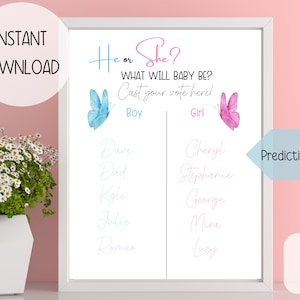 Gender Reveal Ideas, He or She Sign, Gender Guess Game, Fingerprint Printable Art, Gender Reveal Printable Art, Guest Book Baby Shower Sign