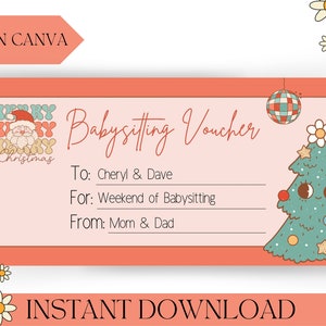 Chèque-cadeau de Noël rétro imprimable Modèle de billet Carte-cadeau Coupon Bon cadeau surprise Révéler un billet téléchargeable Babysitting