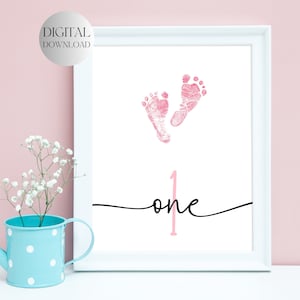 Druckbares Baby 1.Geburtstag Meilenstein, Babys erstes Jahr, Handabdruck Andenken, Fußabdruck Kunst, Fußabdruck Handwerk, Mädchen Geburtstag, Turning One