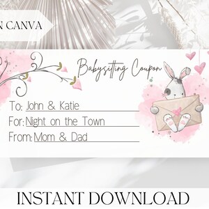 Printable Babysitting Coupon, Editable Gift Certificate, IOU Printable Coupon Voucher, Surprise Reveal, Spa Day Gift Coupon, Valentine&#39;s Day