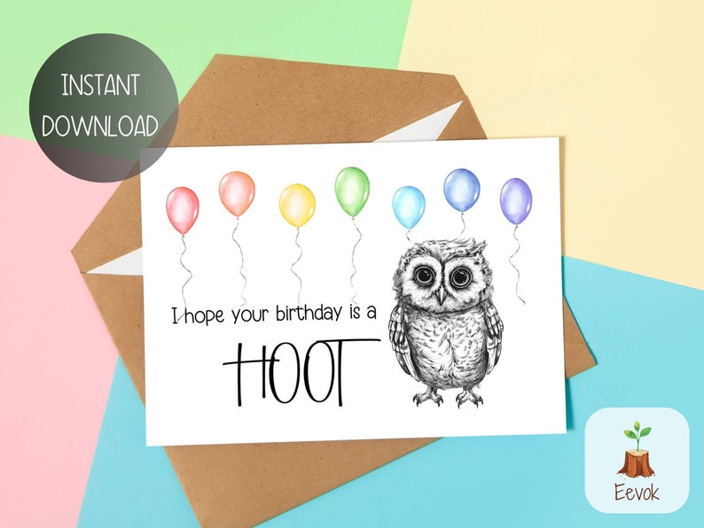 Printable Happy Birthday Card, Last Minute Card, Simple Birthday Card, Printable Cute Birthday Card, Animal Birthday Card, Owl Birthday Card image 3