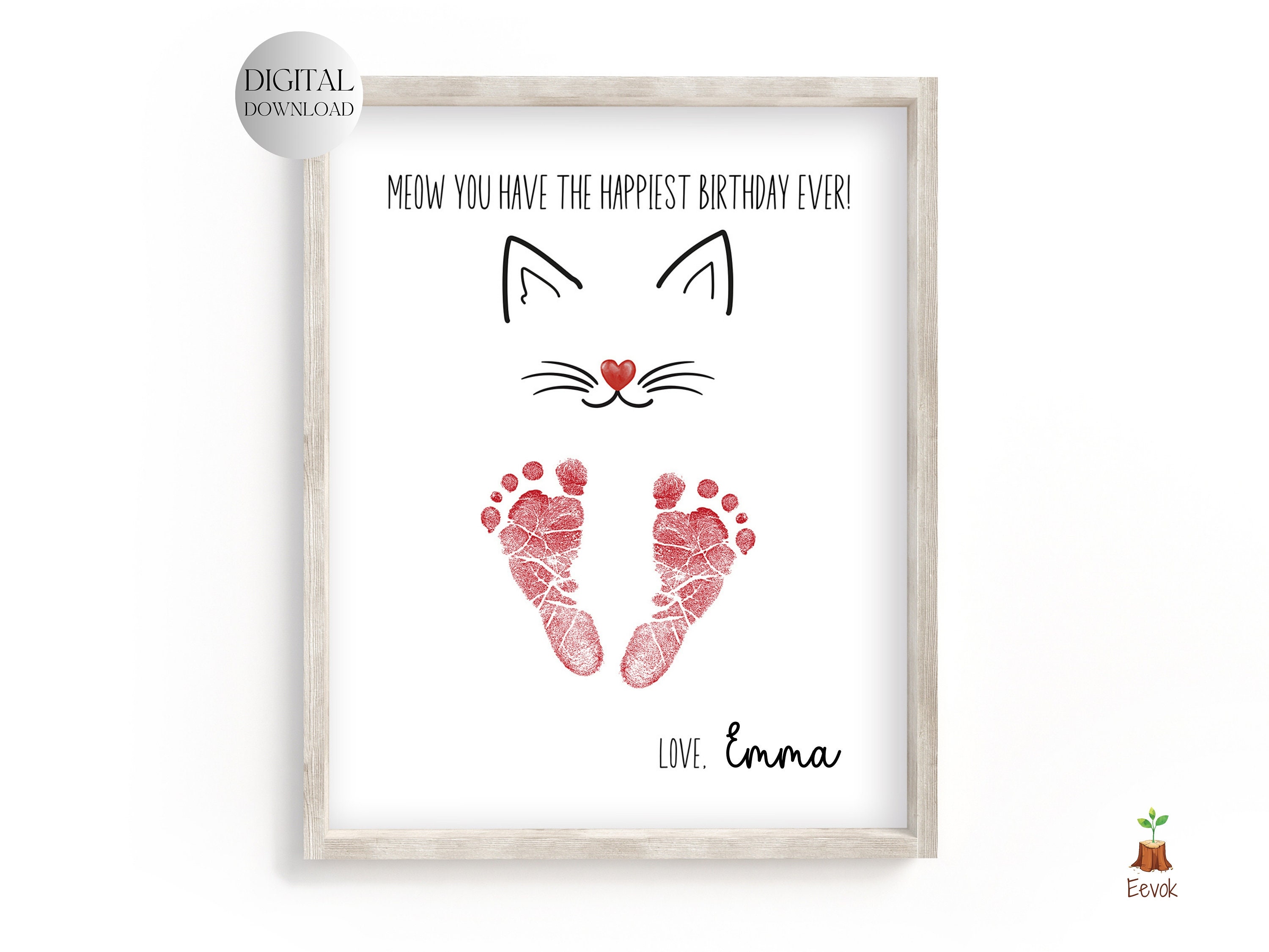 Printable Cat Birthday Card, Cute Cat Card, Baby's Footprint Art ...