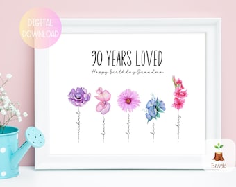 May include: A framed print with the text "90 YEARS LOVED" and "Happy Birthday Grandma." The artwork features watercolor flowers in purple, pink, and blue, each with a name below. The words "DIGITAL DOWNLOAD" are in a circle in the upper left corner.