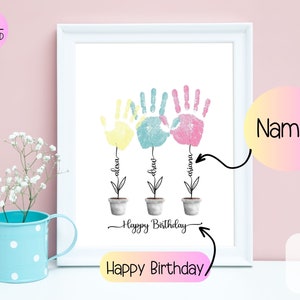 Carte d'anniversaire personnalisée imprimable, carte d'anniversaire imprimable, art de l'empreinte de la main, artisanat de l'empreinte de la main, cadeau d'anniversaire personnalisé pour souvenir de grand-mère