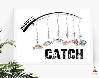 Puede incluir: Ilustración en blanco y negro de una caña de pescar con la palabra "Daddy's" y la palabra "Catch" debajo. La línea de pesca tiene seis anzuelos con nombres escritos en ellos: William, Jesmaine, Heather, Matthew, Noah y Kyle. Cada anzuelo tiene un pez de color diferente.